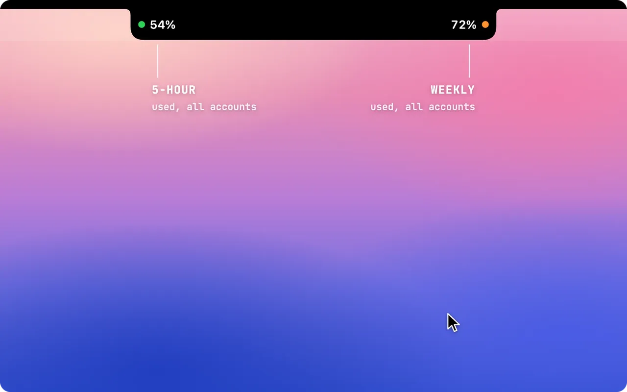 Hovering the notch opens the limits of every account; the launch command of the account with room is copied and Claude Code starts as that account