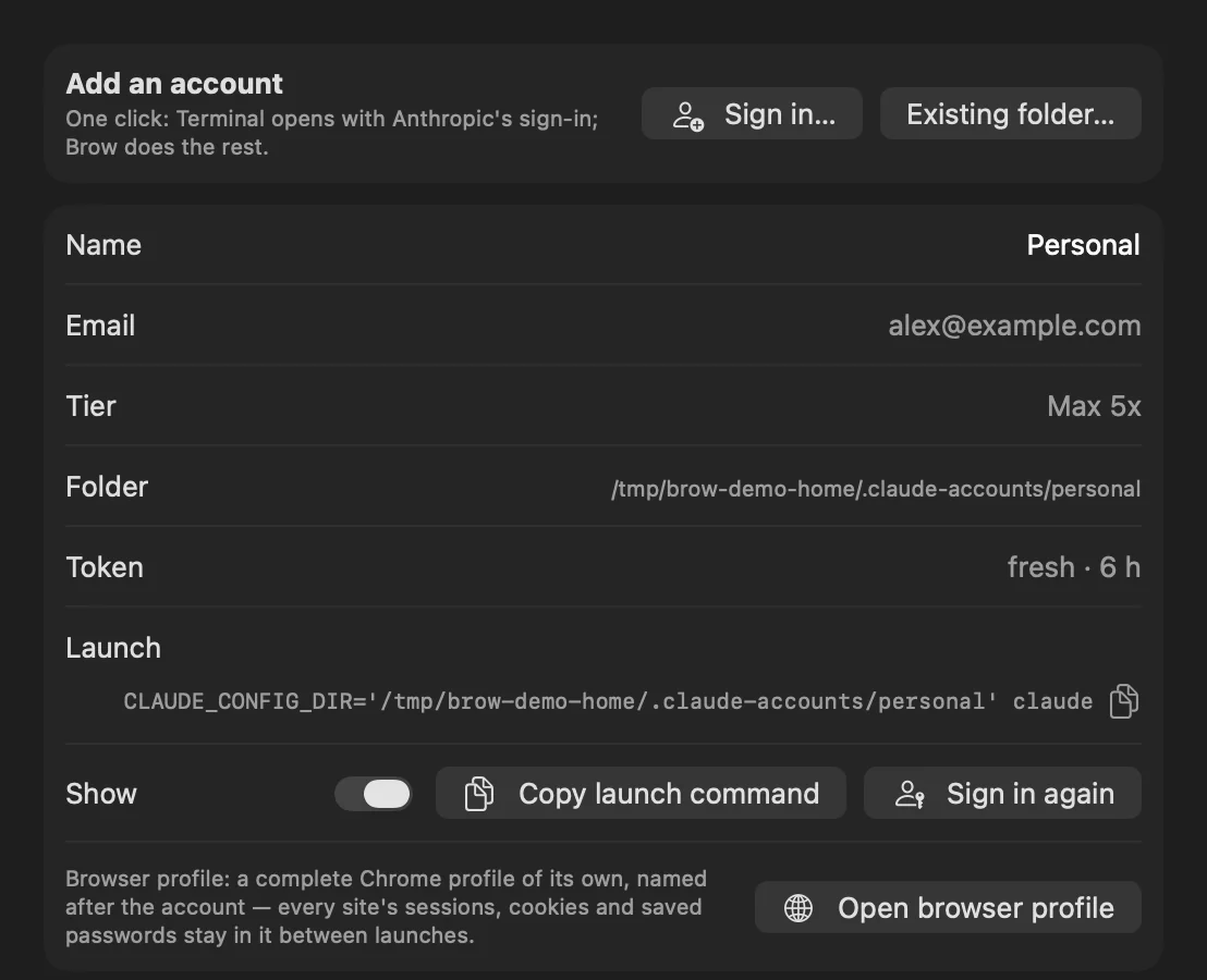 Brow’s Accounts settings: an Add an account row with a Sign in button, then an account card with name, email, tier, folder, token state and launch command