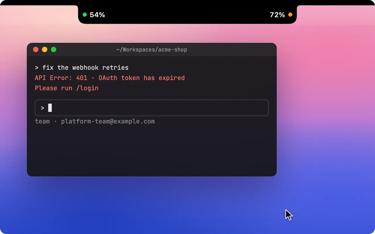 An expired sign-in: one click opens that account’s own browser profile, already signed in, and Claude Code logs in again