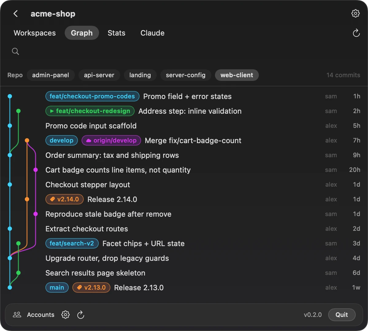 The Graph tab: the commit graph of the web-client repository with feature branches, develop, origin/develop and release tags.