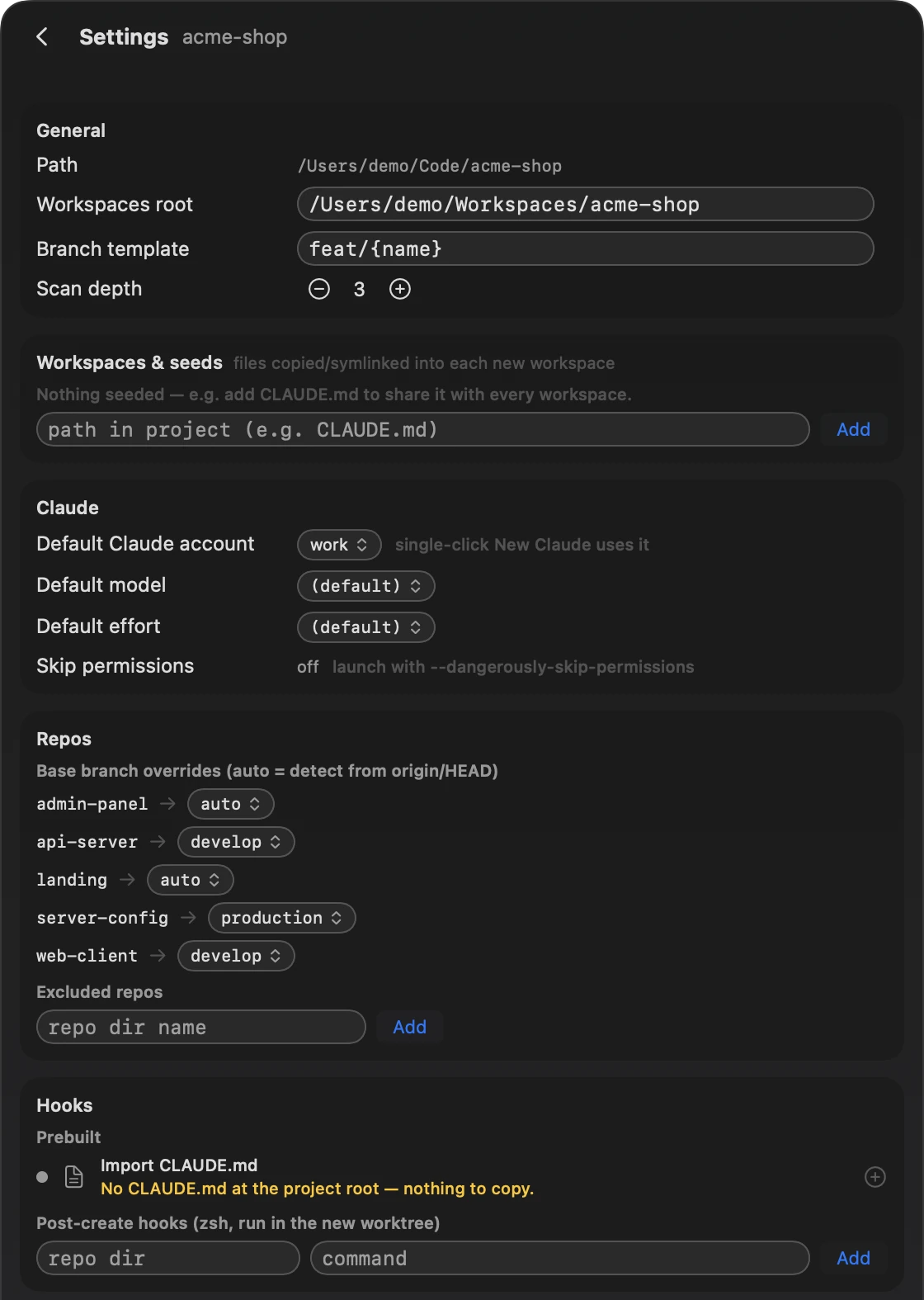 A project’s settings: workspaces root, branch template feat/{name}, seed files, the default Claude account, model and effort, base-branch overrides for each repository, and post-create hooks.